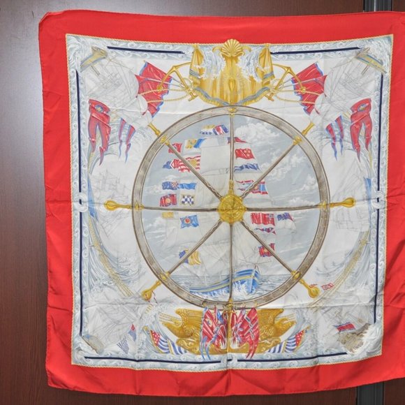 Authentic HERMES Carre 90 Scarf "Vive Le Vent" Silk Red - Picture 11 of 13